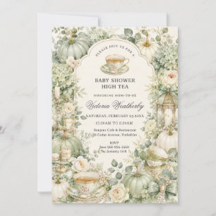 Invitation Baby Shower Tea Party Citrouille Fleurie Vert Saug