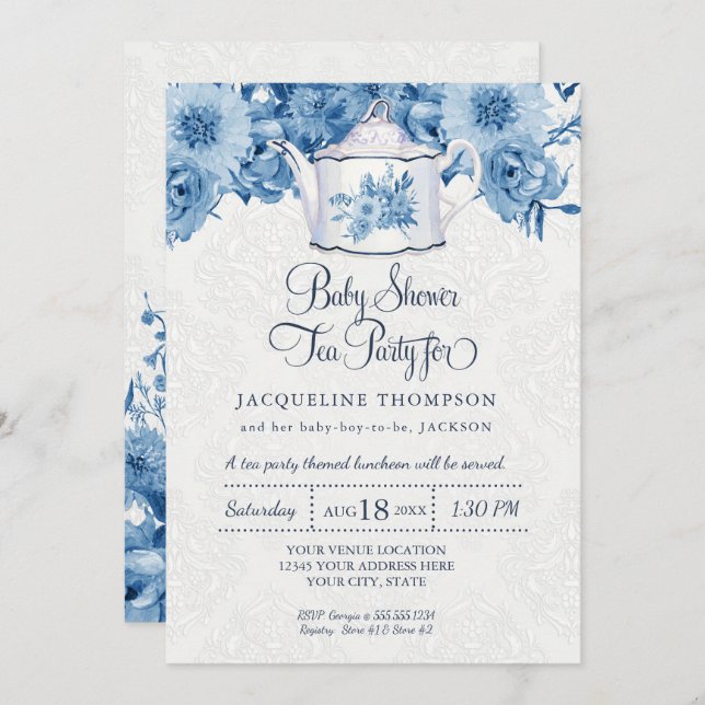 Invitation Baby shower Tea Party Navy Floral bleu avec théièr (Devant / Derrière)