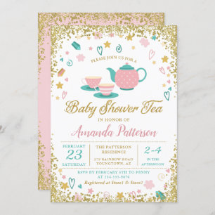 Invitation Baby shower Tea Party Parties scintillant rose or