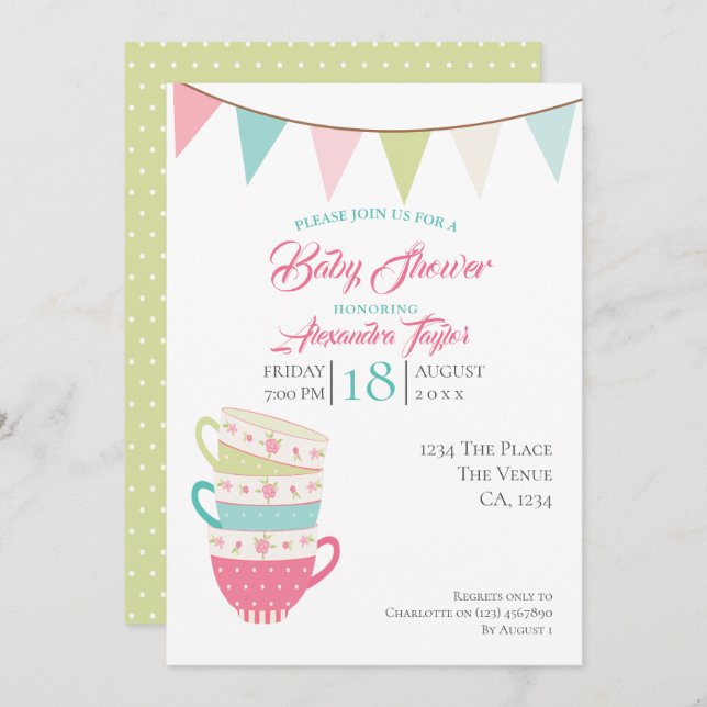 Invitation Baby shower Tea Party personnalisé (Devant / Derrière)
