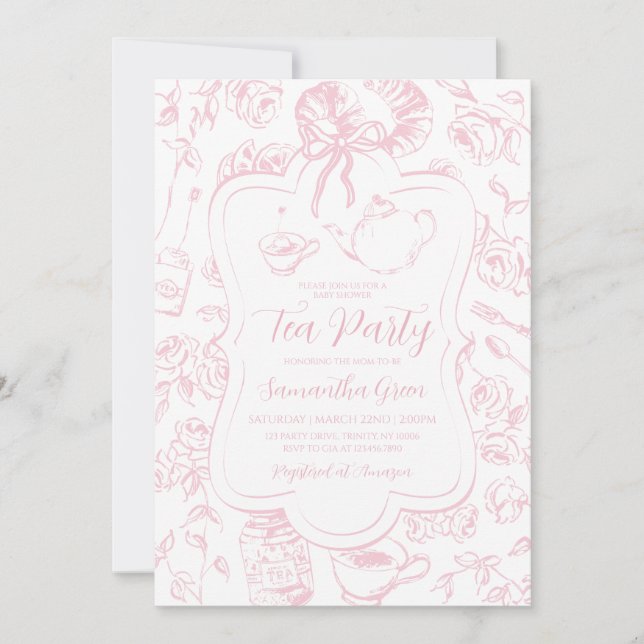 Invitation Baby shower Tea Party rose (Devant)