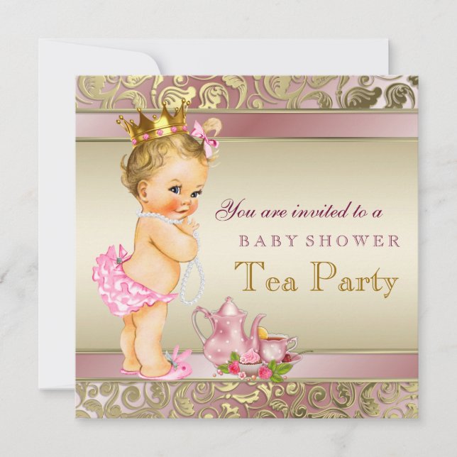 Invitation Baby Shower Tea Party Rose et Or (Devant)