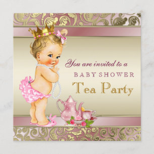 Invitation Baby Shower Tea Party Rose et Or