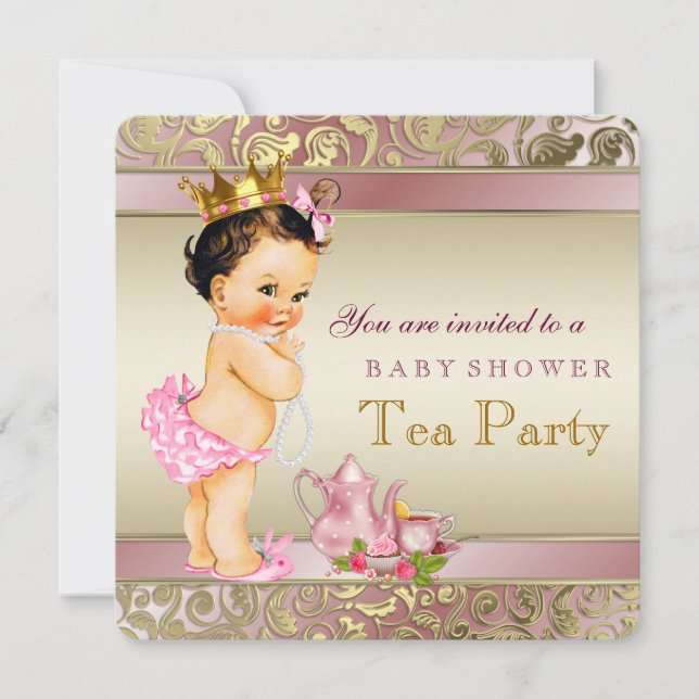 Invitation Baby Shower Tea Party Rose et Or Perle (Devant)