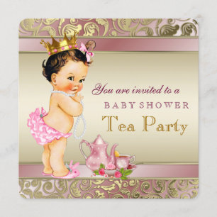 Invitation Baby Shower Tea Party Rose et Or Perle