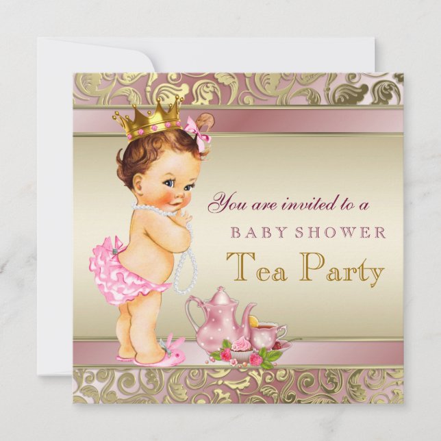 Invitation Baby Shower Tea Party Rose et Or Perle (Devant)
