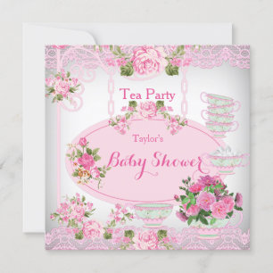 Invitation Baby Shower Tea Party Vintage Broderie Rose Floral