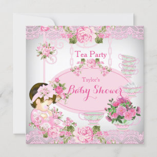 Invitation Baby Shower Tea Party Vintage Broderie Rose Floral