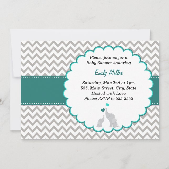 Invitation Baby shower Teal unisexe d'invitation d'éléphant (Devant)