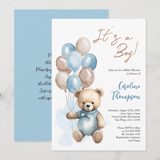 Invitation Baby shower Teddy Bear Boy Blue Balloons Invitatia (Devant / Derrière)