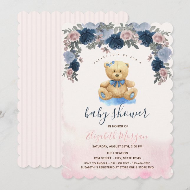 Invitation Baby shower Teddy Bear Pink Stripes (Devant / Derrière)