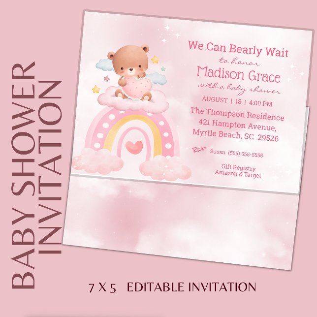 Invitation Baby shower Teddy Bear Rainbow Girls (Créateur téléchargé)