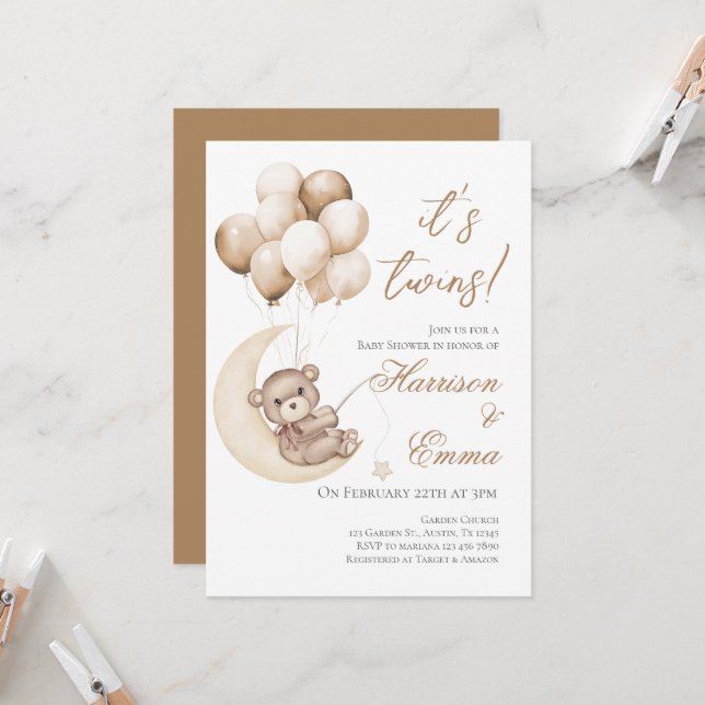 Invitation Baby shower Teddy Bear Twins (Devant/Arrière en situation)