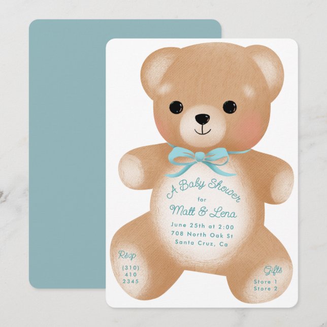 Invitation Baby shower Teddy Blue Bow (Devant / Derrière)