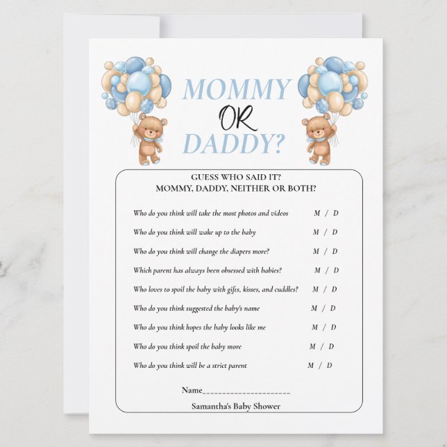 Invitation Baby shower Teddy Blue maman ou papa (Devant)