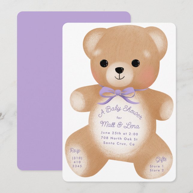 Invitation Baby shower Teddy Purple Bow (Devant / Derrière)