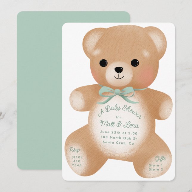 Invitation Baby shower Teddy Sage Green Bow (Devant / Derrière)