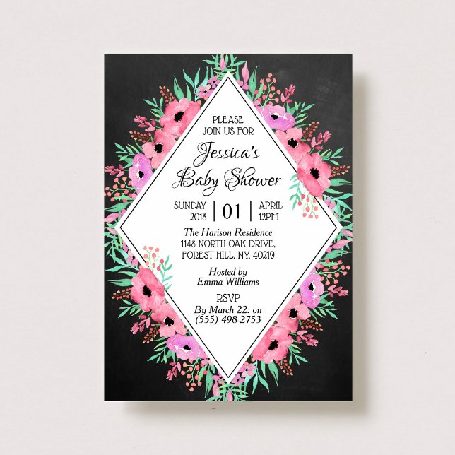 Invitation Baby shower tendance Chalkboard Watercolor Flowers (Créateur téléchargé)