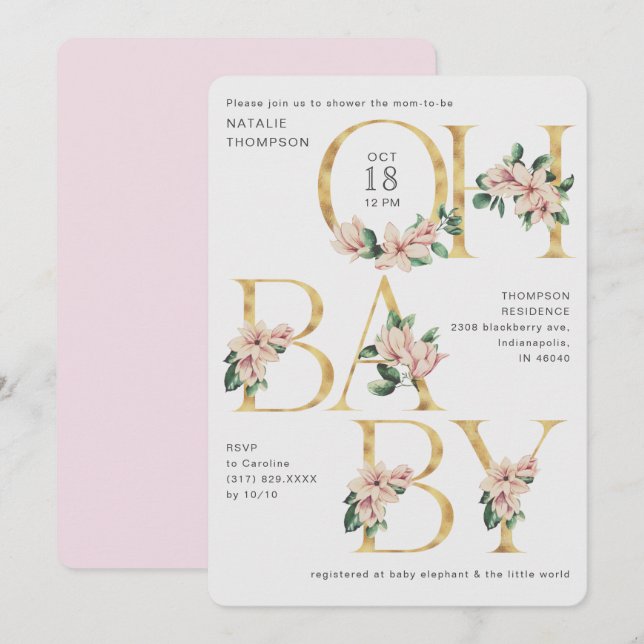 Invitation Baby shower tendance Oh Baby Magnolia Purple Blush (Devant / Derrière)