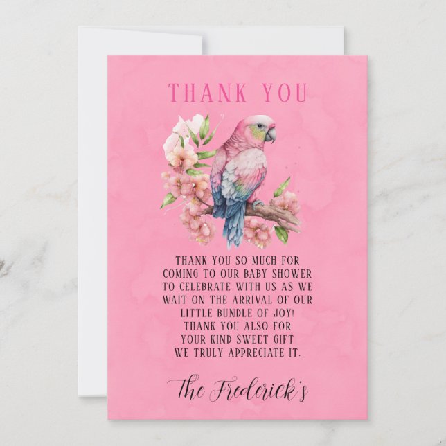 Invitation Baby shower tendance perroquet fille Merci (Devant)