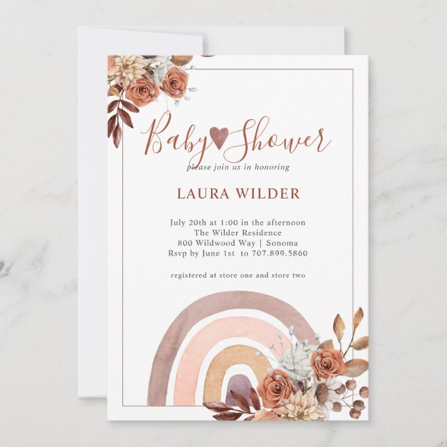 Invitation Baby shower Terracotta Boho Arc-en-ciel Floral (Devant)