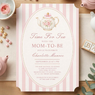 Invitation Baby Shower Théière Fleurie Rayée Rose Tea Party