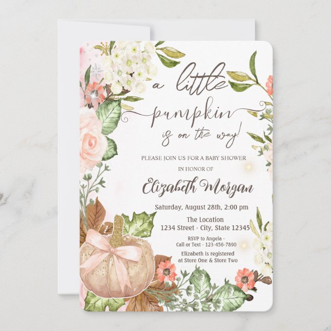 Invitation Baby Shower Thème Automne Citrouille Fleurs Feuill (Devant)