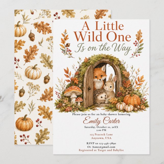 Invitation Baby-Shower Thème Automne en Forêt (Devant / Derrière)