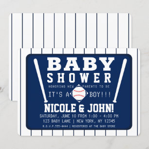 Invitation Baby Shower Thème Baseball Rayures Bleues et Blanc