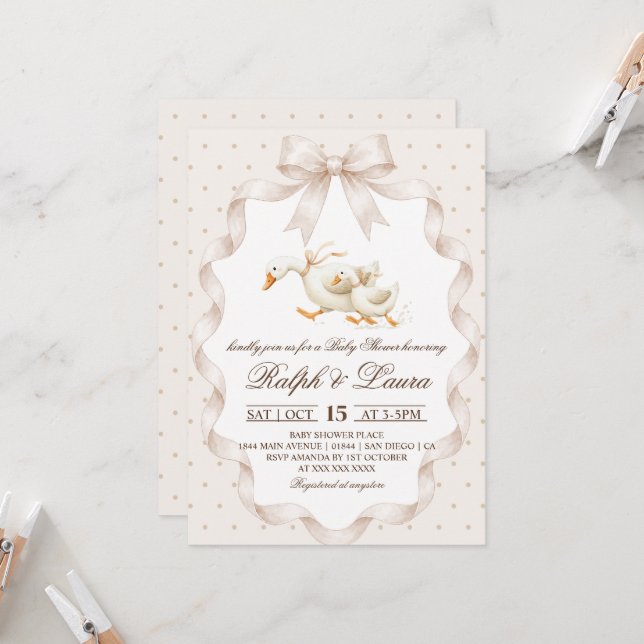 Invitation Baby-Shower Thème Canard avec Points Neutres (Devant/Arrière en situation)