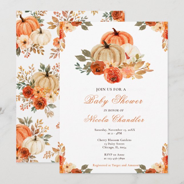 Invitation Baby-Shower Thème Citrouille d'Automne (Devant / Derrière)
