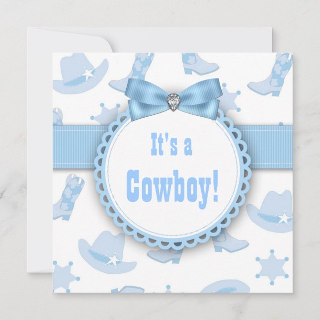 Invitation Baby Shower Thème Cow-Boy Bleu pour Garçon (Devant)
