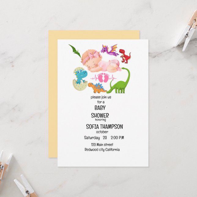 INVITATION baby shower Thème Dinosaur (Devant/Arrière en situation)