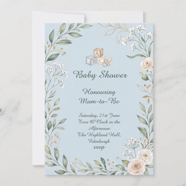 Invitation Baby Shower Thème Forêt Bleue (Devant)