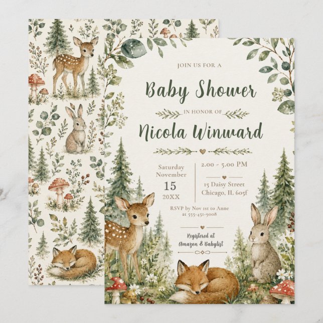 Invitation Baby-Shower Thème Forêt de Bois (Devant / Derrière)