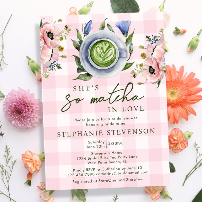 Invitation Baby Shower Thème Matcha Parfait Rose Floral (Créateur téléchargé)
