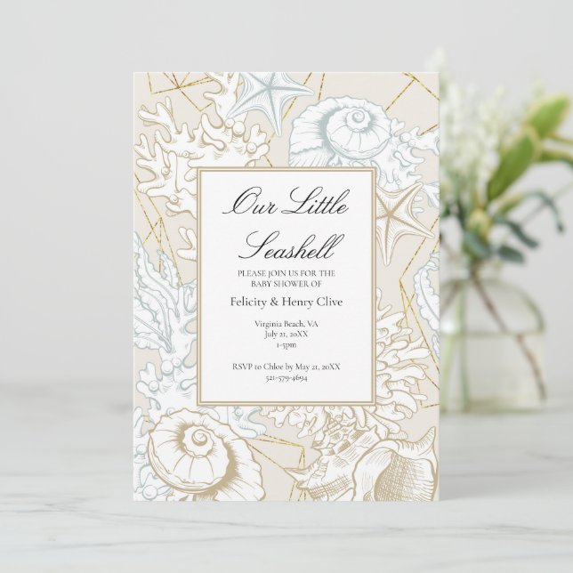 Invitation Baby-Shower Thème Mer et Coquillages (Debout devant)