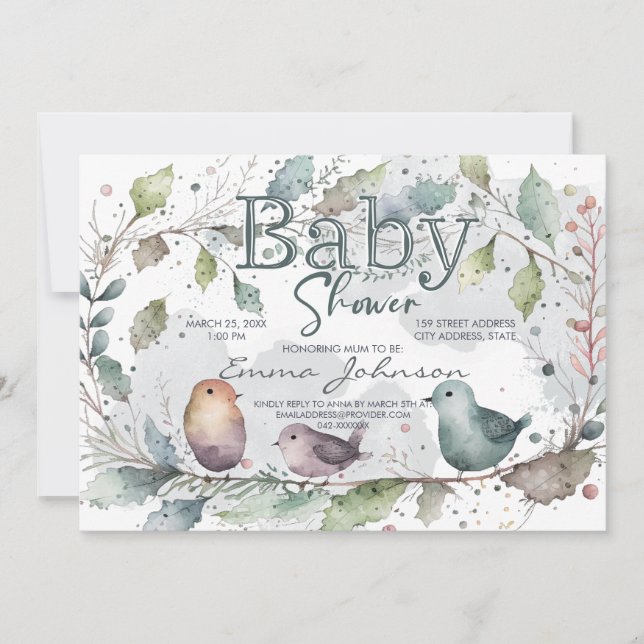 Invitation Baby-Shower Thème Nature Aquarelle (Devant)