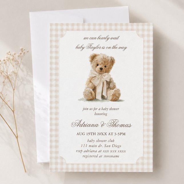 Invitation Baby-Shower Thème Ours Gingham Neutre (Créateur téléchargé)