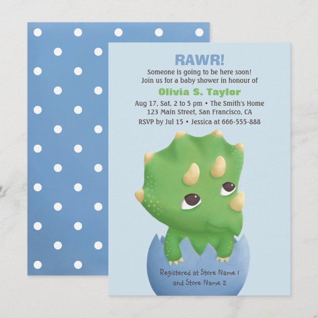 Invitation Baby Shower Thème Triceratops Dinosaure (Devant / Derrière)