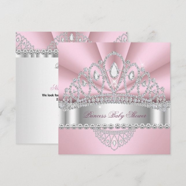 Invitation Baby shower Tiara de diamant blanc rose princesse (Devant / Derrière)