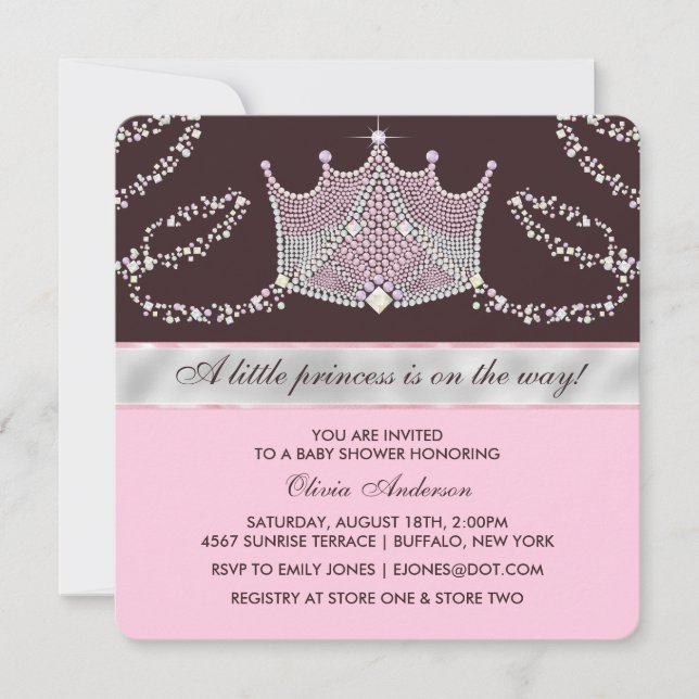 Invitation Baby shower Tiara Princess rose et Brown (Devant)