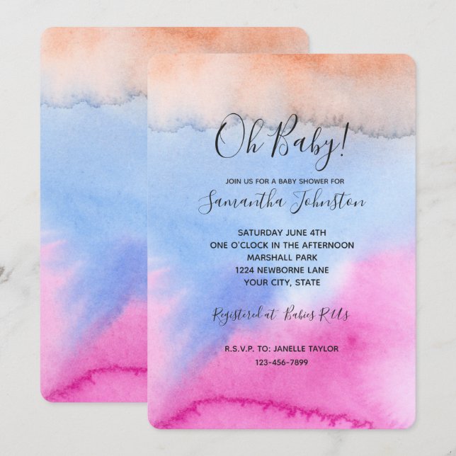 Invitation Baby-Shower Tie dye Rose Bleu pêche (Devant / Derrière)