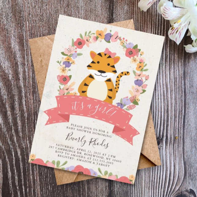 Invitation Baby shower tigre doux et fleurs (Créateur téléchargé)