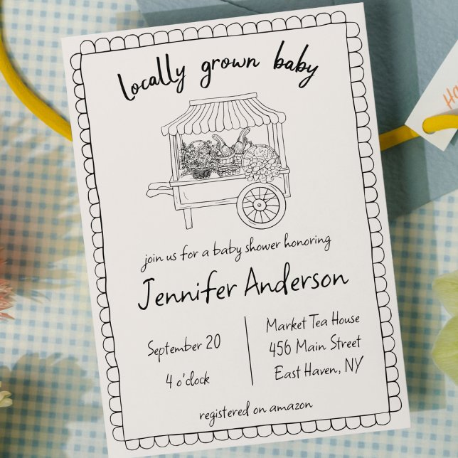 Invitation Baby shower tiré main pour bébé cultivé localement (locally grown baby shower hand drawn farmers market cute scribble doodle home grown gender neutral )