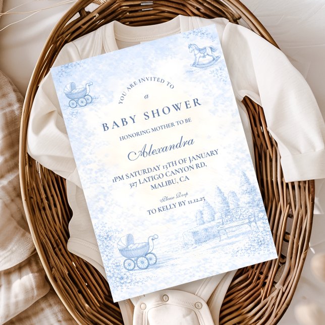 Invitation Baby-Shower Toile Bleu Français (Créateur téléchargé)