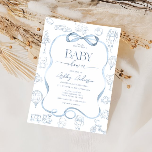Invitation Baby shower Toile De Jouy avec Bow Boy (Créateur téléchargé)