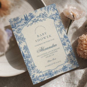 Invitation Baby-Shower Toile de Jouy Bleu Vintage
