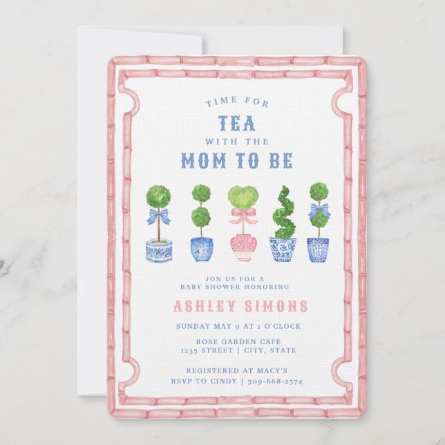 Invitation Baby shower Topiaire Chinoiserie | Tea Party rose (Devant)