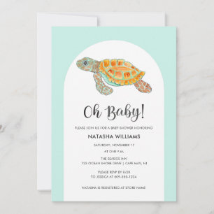 Invitation Baby Shower Tortue de Mer Vert Menthe